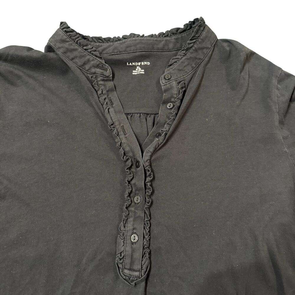 Lands End Women’s Navy blue jersey half button down with ruffle, XL - Picture 2 of 4